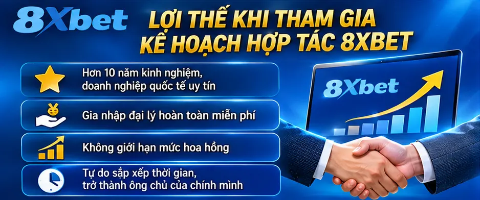 Khi bắt tay với 8Xbet, đối tác sẽ được cung cấp các giải pháp tiếp thị hiện đại, hữu ích và hỗ trợ tận tâm từ bộ phân chăm sóc khách hàng